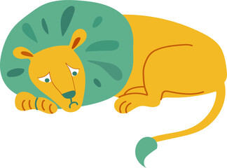 yellow sad lion lies. a lone animal thinks. vector cute flat illustration