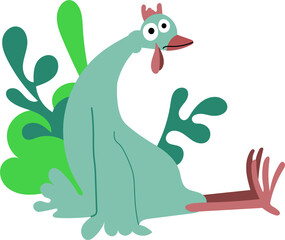 sad chicken sitting next to green plants. a lonely bird looks sad. vector flat illustration. cartoon simple cute animal with big eyes