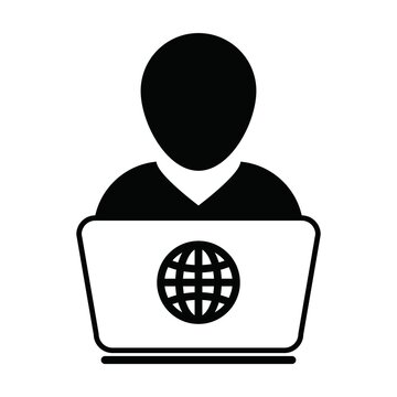 recommend clip art: e Learning icon vector person with laptop computer for online education male user person profile avatar globe symbol in a flat color glyph pictogram illustration
