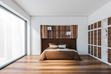 Fototapeta na wymiar Modern white and dark wooden bedroom interior, front view