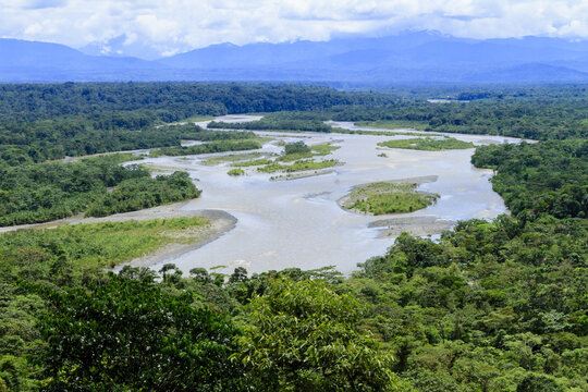 Puyo river landscape on a cloudy day in the Amazon jungle in Ecuador, South America