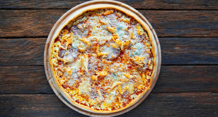 salami pizza with mozzarella and various cheeses, Concept promotional flyer poster for Restaurants or pizzerias with space for your text.