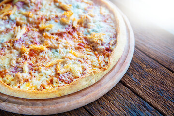 salami pizza with mozzarella and various cheeses, Concept promotional flyer poster for Restaurants...
