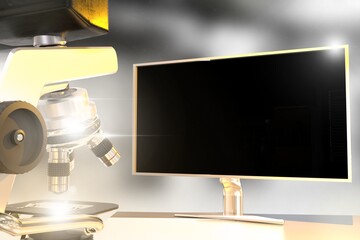 physics development concept, object 3D illustration -  lab hi-tech microscope and monitor with blank space for your content with flare on bokeh background