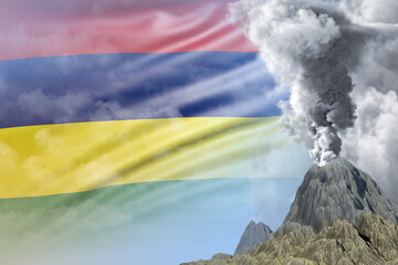 volcano eruption at day time with white smoke on Mauritius flag background, suffer from eruption and volcanic ash concept - 3D illustration of nature