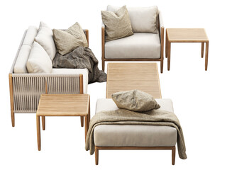 Modern outdoor furniture set with decor. 3d render