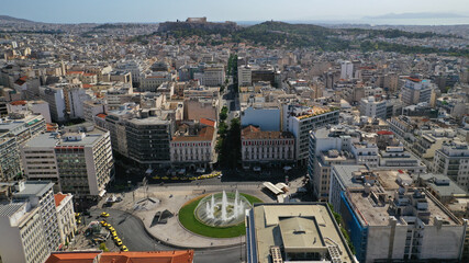 Aerial drone photo of recently renovated Omonoia square featuring huge round fountain, Athens...