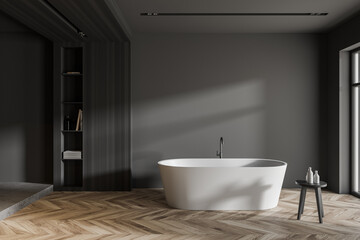 Fototapeta na wymiar Stylish gray and wooden bathroom with tub