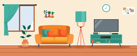 Living room interior. Comfortable sofa, TV, window, chair and house plants. Vector flat illustration