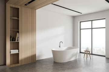Fototapeta na wymiar Modern white and wooden bathroom corner with tub