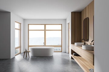 Modern white and wooden bathroom interior with tub and double sink