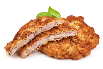 Homemade breaded pork schnitzel, close-up, isolated on white background