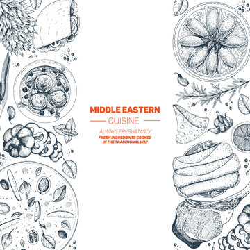 Middle eastern cuisine top view. Food menu design template with manakeesh, falafel, rolls, kibbeh. Vintage hand drawn sketch vector illustration.