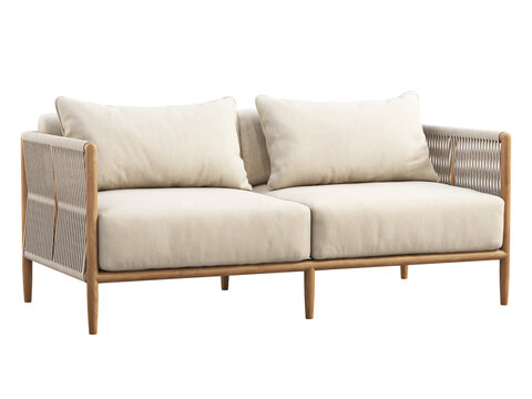 Light beige fabric sofa with pillow and plaid. 3d render