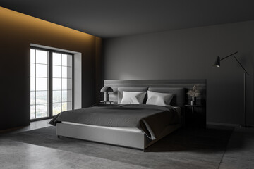 Stylish gray and wooden master bedroom corner with window