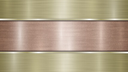 Background consisting of a bronze shiny metallic surface and two horizontal polished golden plates located above and below, with a metal texture, glares and burnished edges