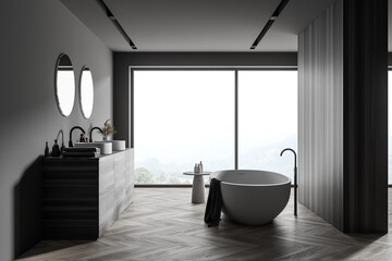 Naklejka na ściany i meble Stylish gray and wooden bathroom with double sink and tub