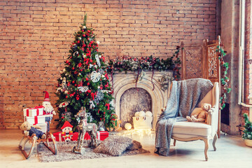 Classic christmas New Year decorated interior room New year tree and fireplace