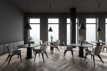 Stylish dark gray restaurant interior with columns