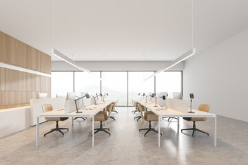 Modern white and wooden open space office, side view