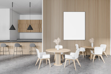 Poster in modern white and wooden restaurant with bar
