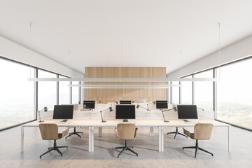 Modern white and wooden open space office interior
