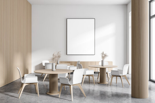 Modern white and wooden cafe interior with poster