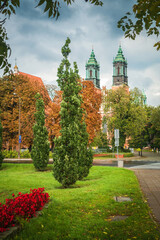 Road to the Church of Saints Peter and Paul on Tumsky Island in cloudy weather: Poznan / Poland - September 27, 2020