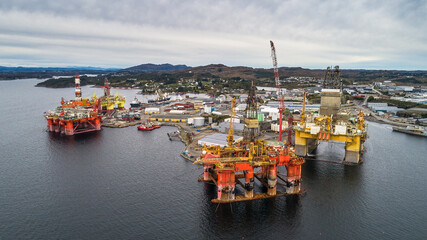 Oil rigs under maintenance near Bergen, Norway.