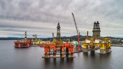 Oil rigs under maintenance near Bergen, Norway.