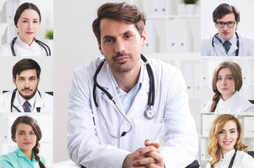 Fototapeta premium Seven medical doctors having video chat