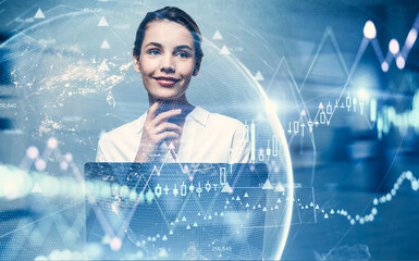 Smiling businesswoman in office and graphs