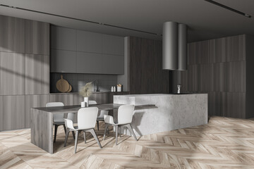 Modern gray and wooden kitchen corner with bar