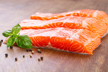 Three pieces of fresh raw salmon