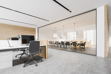 Modern white and wooden open space corner office and meeting room
