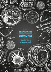 Breakfasts and brunches top view frame. Food menu design. Vintage hand drawn sketch vector illustration.