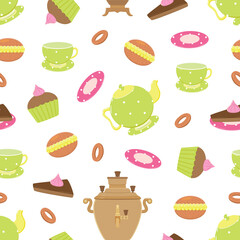 Vector seamless pattern with funny objects tea pot, samovar, cups and sweats for holiday tea drinking. Childish style on a white background