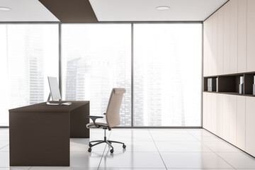 Modern white and beige panoramic CEO office, side view