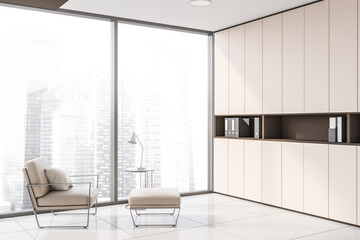Comfortable armchair in modern panoramic beige CEO office corner