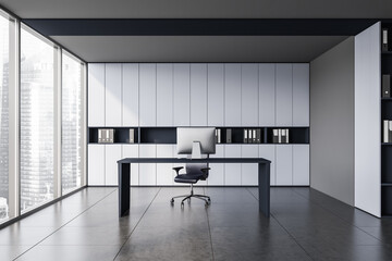 Modern white and gray panoramic CEO office interior