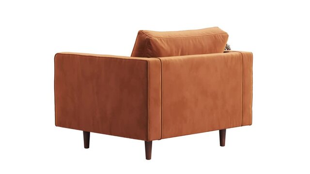 Circular animation of mid-century fabric armchair. Velvet upholstery armchair with knitted plaid on white background. Mid-century, Loft, Chalet, Scandinavian interior. 3d render