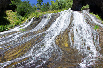 Panorama of Jermuk waterfall on Arpa river in Armenia