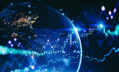 Graphs and planet hologram, global market
