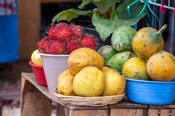 Fruta orgánica en baldes de colores, peras, uvas, duraznos, tunas, rambután.