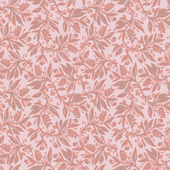 Floral seamless pattern with leaves and berries in coral, pink, taupe colors, hand-drawn and digitized. Design for wallpaper, textile, fabric, wrapping, background.