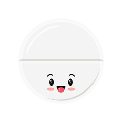 Cute white drug pill isolated on white background. Round happy smiling tablet. Vector flat cartoon character illustration medicine tablet icon design.