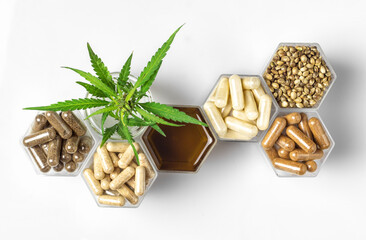 Cannabis medicine capsules, hemp oil and seeds and green plant in honeycomb jars