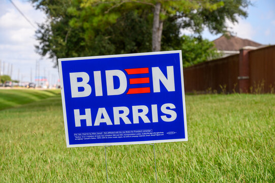 Stafford Texas - September 27, 2020: Biden Harris election signs are seen in many residential areas in Texas