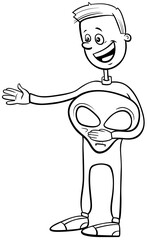 boy in alien costume at Halloween party coloring book page