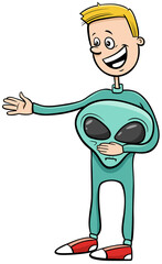boy in alien costume at Halloween party cartoon illustration